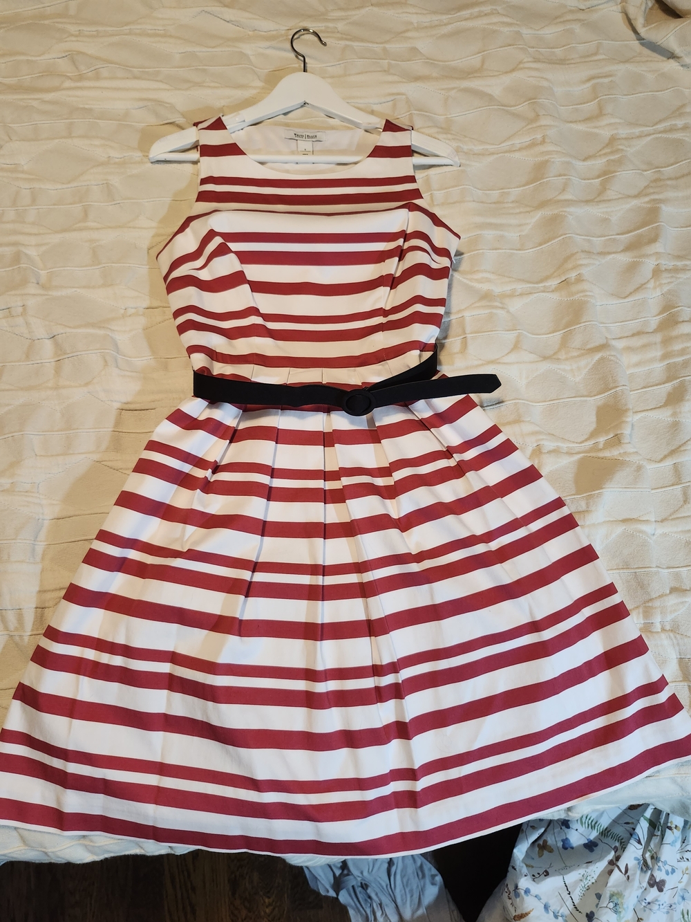 Cute WHBM Belted Red and White Striped Fit-and-Flare Cocktail Dress